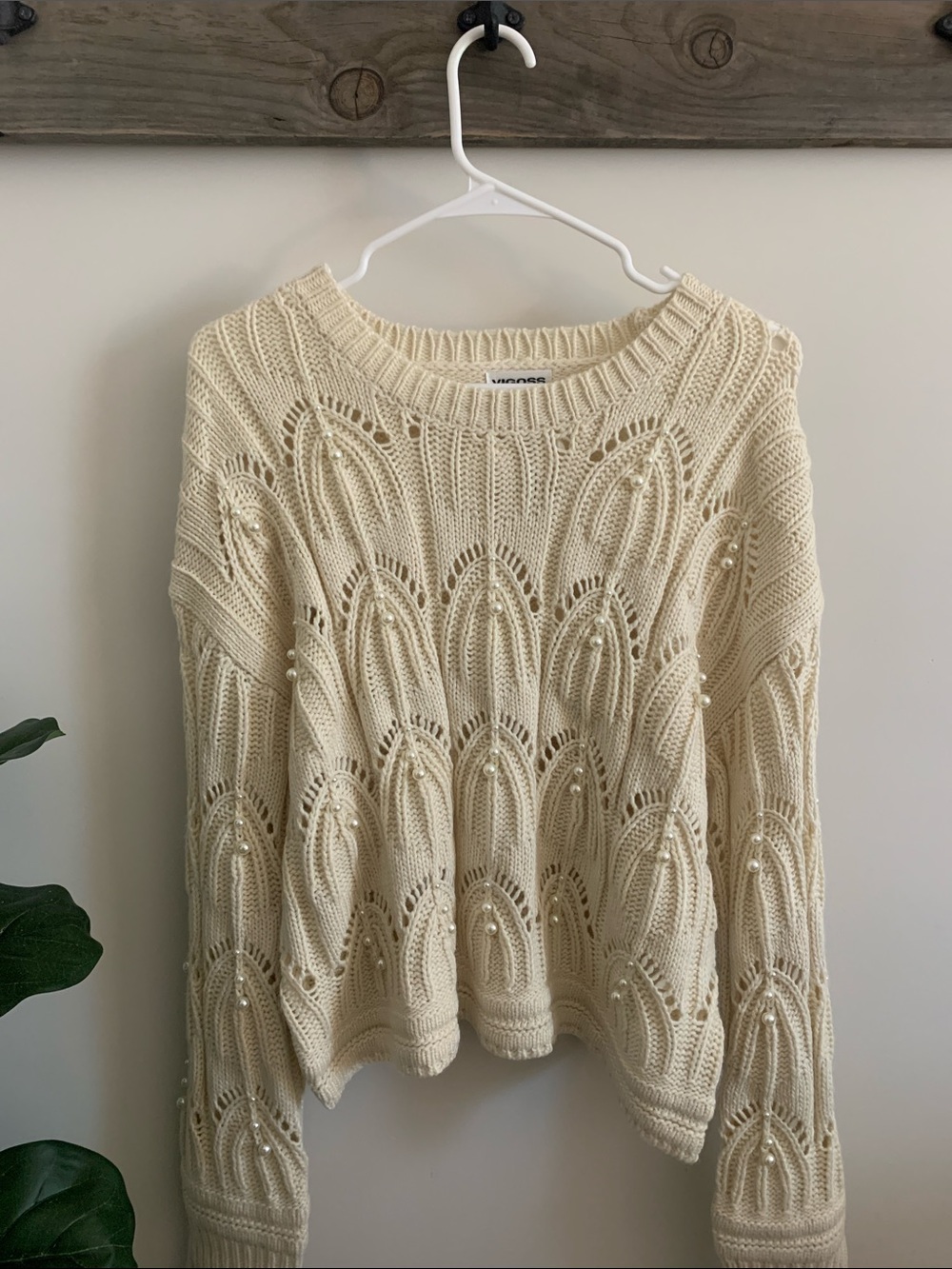 Vigoss Cream Pearl-Embellished Open-Knit Crew Sweater